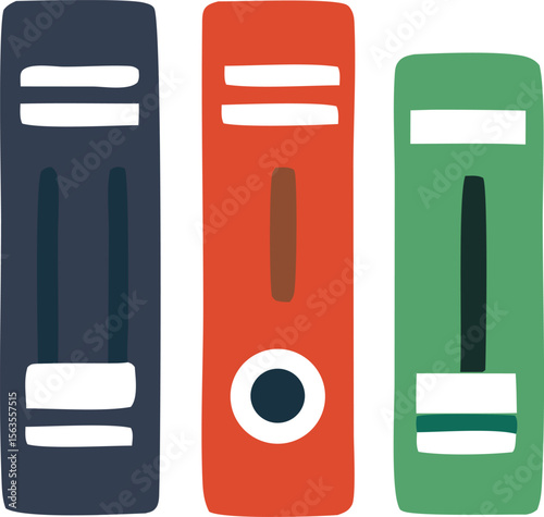 Three colorful stylized binders lined up against a white background representing organization and office supplies