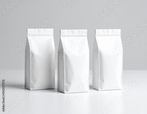 Minimalist White Coffee Bag Mockups: Three Plain Pouches on Neutral Background