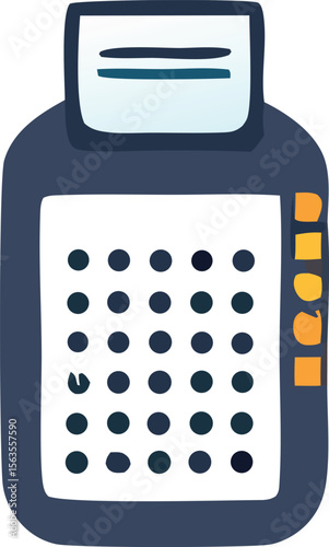 Stylized illustration of a dark blue electronic device with a white screen displaying braille dots and yellow side buttons