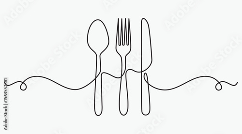 continuous line drawing of fork ,knife and spoon. minimalist one line drawing of cutlery. single line vector illustration. 
