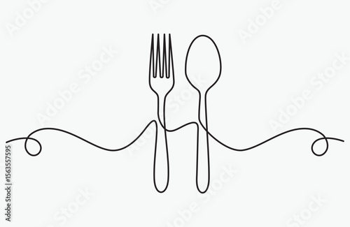 continuous line drawing of fork and spoon. minimalist one line drawing of cutlery. single line vector illustration. 