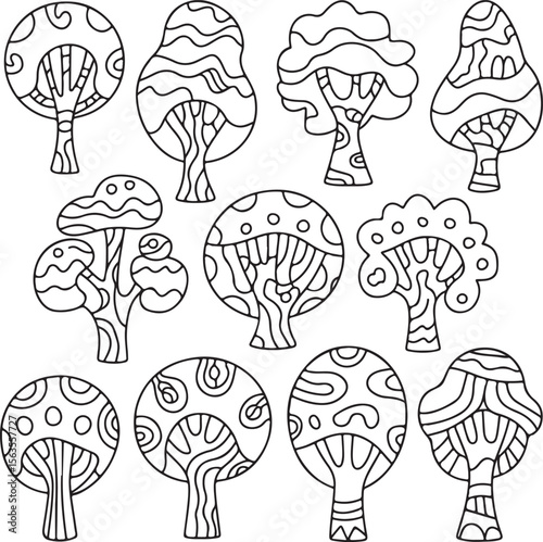 Round Tree Doodle Set with Stylized Trunks and Playful Canopy Designs
