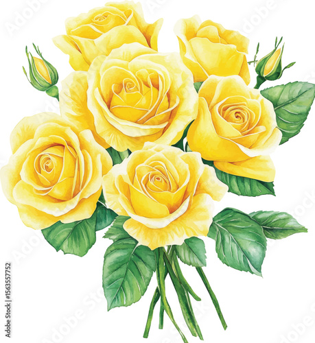 Yellow Roses Watercolor Bouquet - Isolated on White vector illustration