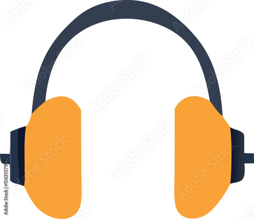 A simple illustration of orange earmuffs with a dark blue headband designed for hearing protection