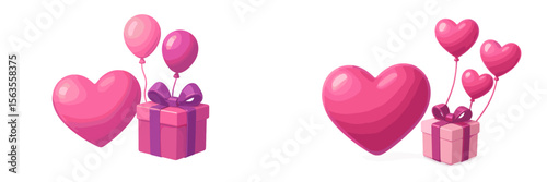 Colorful balloons and hearts beside gift boxes in a festive celebration setting for a special occasion