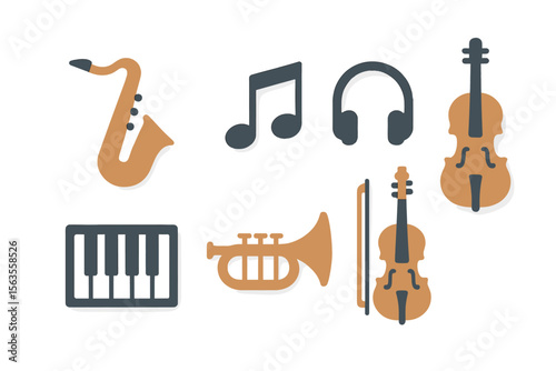 Musical instruments and elements in a creative flat design representation for music themes