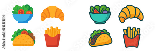 Colorful assortment of fresh food items including salads, croissants, tacos, and fries presented in a vibrant design