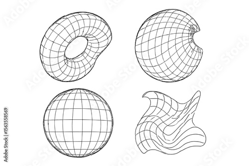 Various 3D geometric shapes and structures displayed in a minimalistic style for educational purposes