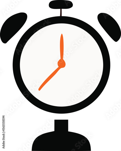 A simple black and white alarm clock with orange hands indicating the time is approximately seven oclock