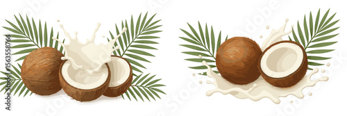 Coconuts splash and droplets create a refreshing tropical atmosphere in a vibrant design