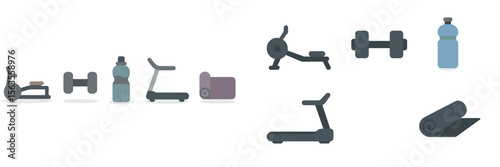 Collection of exercise equipment for fitness training in a gym environment during the day