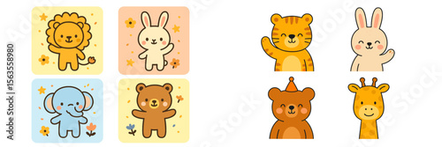 Cute cartoon animals showcase joyful characters on colorful backgrounds in playful illustrations for children