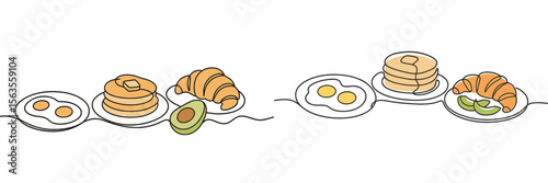 Breakfast spread featuring pancakes, croissants, eggs, and avocado on a dining table during morning hours