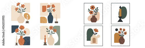 Display of modern flower arrangements and decorative vases in a contemporary setting with candles and artistic elements during daylight