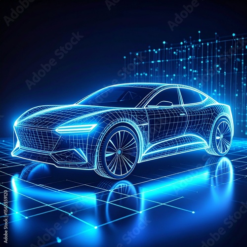 A hyper-realistic scene of futuristic holographic data, glowing code on a dark translucent screen, with cyberpunk design, electric car tech, and a sci-fi digital interior.