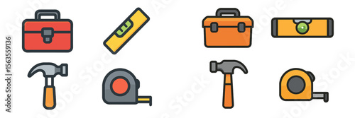 Collection of construction tools including hammer, toolbox, and measuring tape displayed on a white background for DIY projects