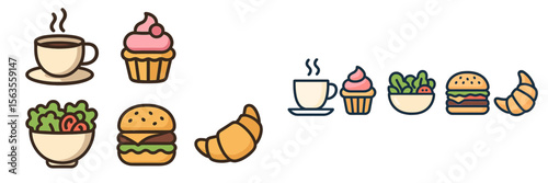 Coffee cups, desserts, and sandwiches displayed in a bright, modern cafe setting during lunchtime