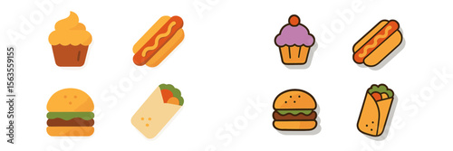 Colorful illustrations of popular fast food items displayed on a clean white background for culinary enthusiasts and marketers