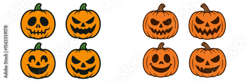 Colorful pumpkin illustrations showcasing various creepy and playful faces for Halloween celebrations