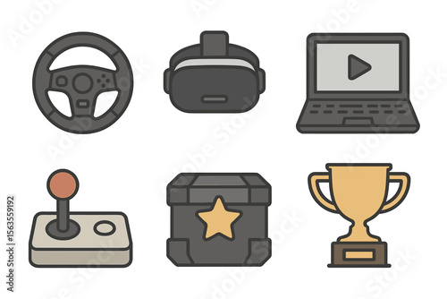 Variety of gaming equipment including steering wheel, VR headset, laptop, joystick, crate, and trophy designed for immersive play