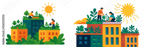 Urban gardening initiative promotes green spaces in city rooftops during sunny afternoon