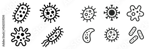 Different types of bacteria and microorganisms illustrated in simple designs on a white background