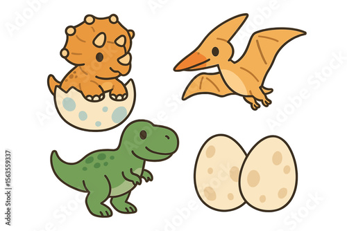 Cute dinosaur illustrations showcasing a hatching triceratops, a pterosaur flying above, and a joyful t-rex next to dinosaur eggs