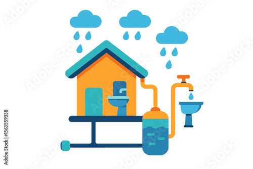 Water management system illustrating home setup during rainy weather with efficient collection and filtration methods