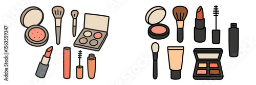 Makeup tools and cosmetics collection displayed on a white background showcasing various beauty products and accessories
