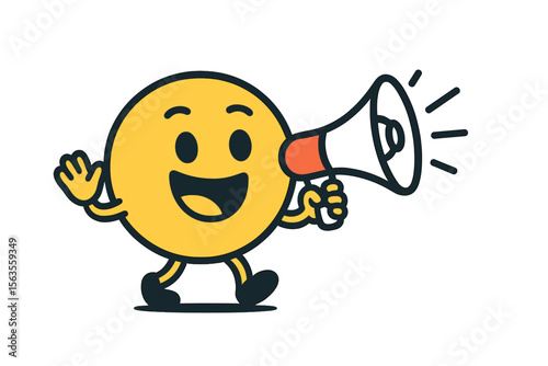 Cheerful cartoon character holding a megaphone while promoting excitement in a vibrant setting at a community event