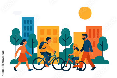 Families enjoying a sunny day biking and walking in a vibrant urban park setting