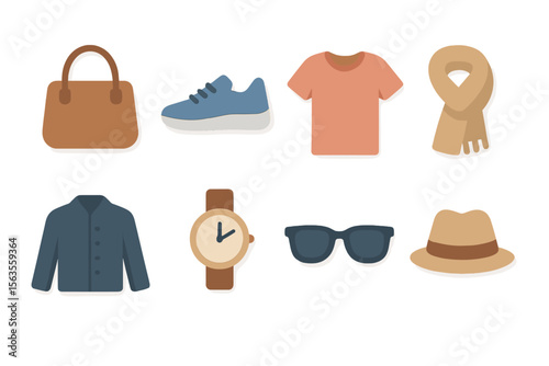 Fashion accessories and clothing essentials arranged on a white background for a stylish look
