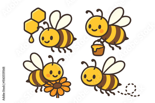 Cute cartoon bees collecting honey and pollinating flowers in a colorful, cheerful style