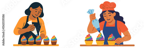 Bakers decorating colorful cupcakes in a cheerful kitchen during a pastry-making session