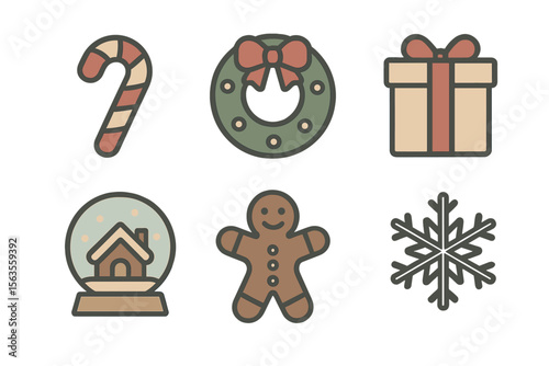 Christmas themed decorative elements featuring candy cane, wreath, gift, snow globe, gingerbread, and snowflake for festive celebrations