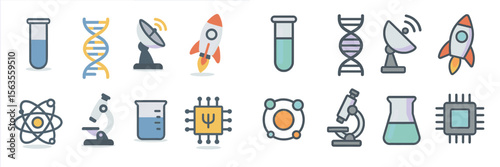 Creative science icons representing various fields including biotechnology, aerospace, and chemistry in a modern design
