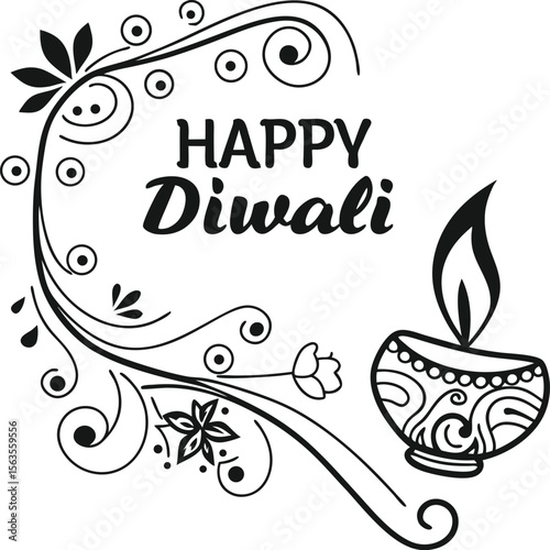 Elegant Happy Diwali Greeting Card Design with Floral Border and Diya
