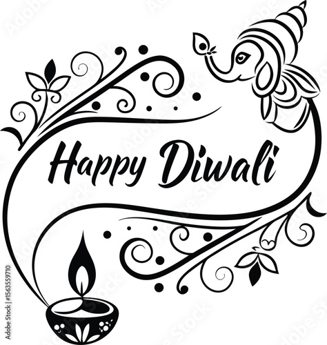 Elegant Happy Diwali Design with Ganesha Diya and Floral Elements
