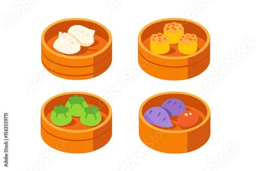 Delicious dim sum varieties served in traditional bamboo steamers at a vibrant restaurant setting