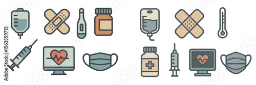 Medical icons representing healthcare, treatment, and wellness in a modern design style