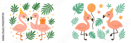 Colorful flamingos celebrate a festive occasion in a lush tropical setting with greenery and colorful decorations