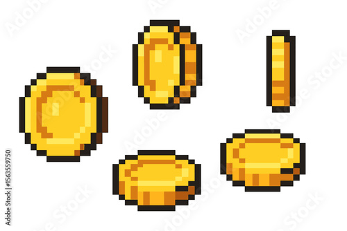 Bright pixelated gold coins in various positions on a clean background for digital design and gaming use