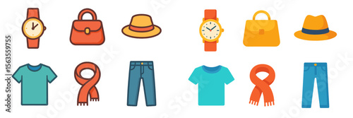 Fashion accessories and clothing items in vibrant colors on a white background arranged for display
