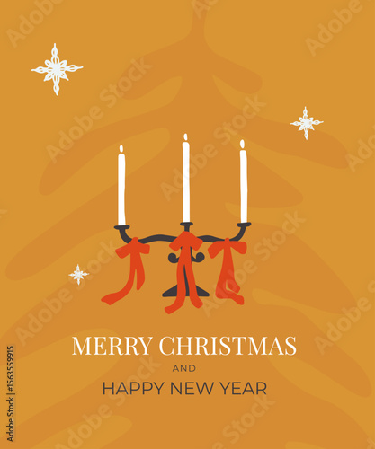 Festive candle holder with three candles dressed up bows. Merry Christmas and Happy New Year greeting card. Art web banner, poster, template holiday postcard. Abstract background, vector illustration