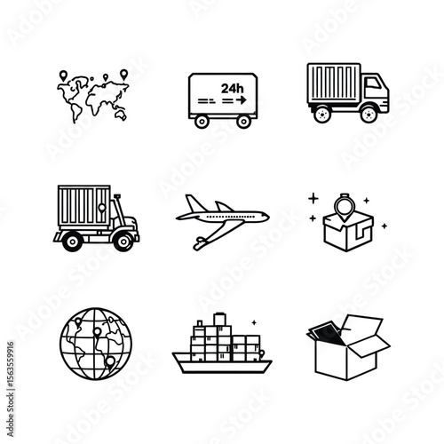 Logistics Network Vector Icon Set of Global Delivery, Tracking, and Freight Transport Elements