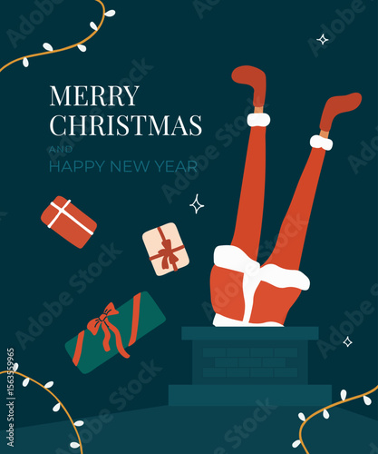 Merry Christmas and Happy New Year funny greeting card. Santa Claus dives into rooftop chimney losing gift box presents. Art web banner, poster, template cover holiday postcard. Vector illustration
