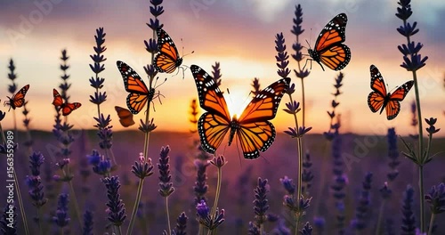 Monarch butterflies flit amongst lavender at sunset