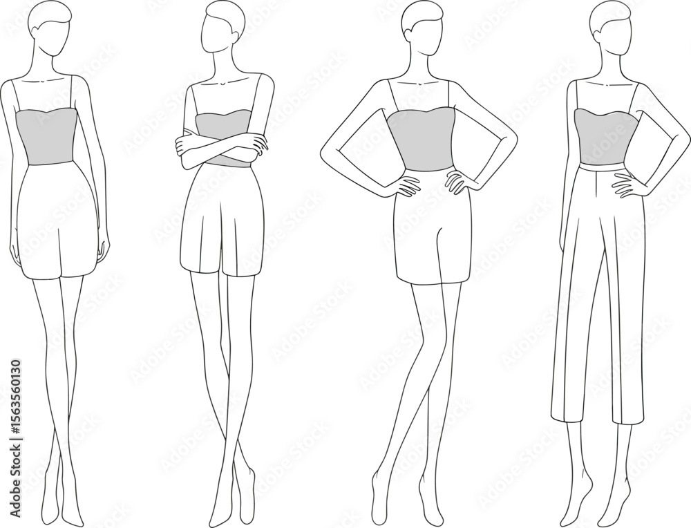 Fashion design sketch of female models in trendy outfits, elegant clothing template for fashion illustration, flat croquis drawing style

 flat vector illustration