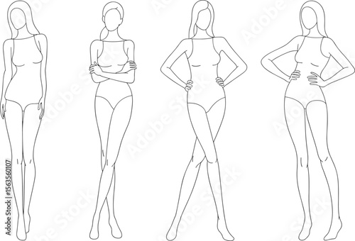 Female fashion figure template for clothing design, model croquis outline for sketching, blank body pose sheet for illustrators flat vector illustration
