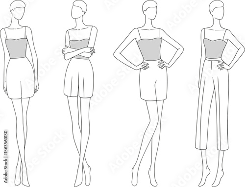 Fashion design sketch of female models in trendy outfits, elegant clothing template for fashion illustration, flat croquis drawing style

 flat vector illustration